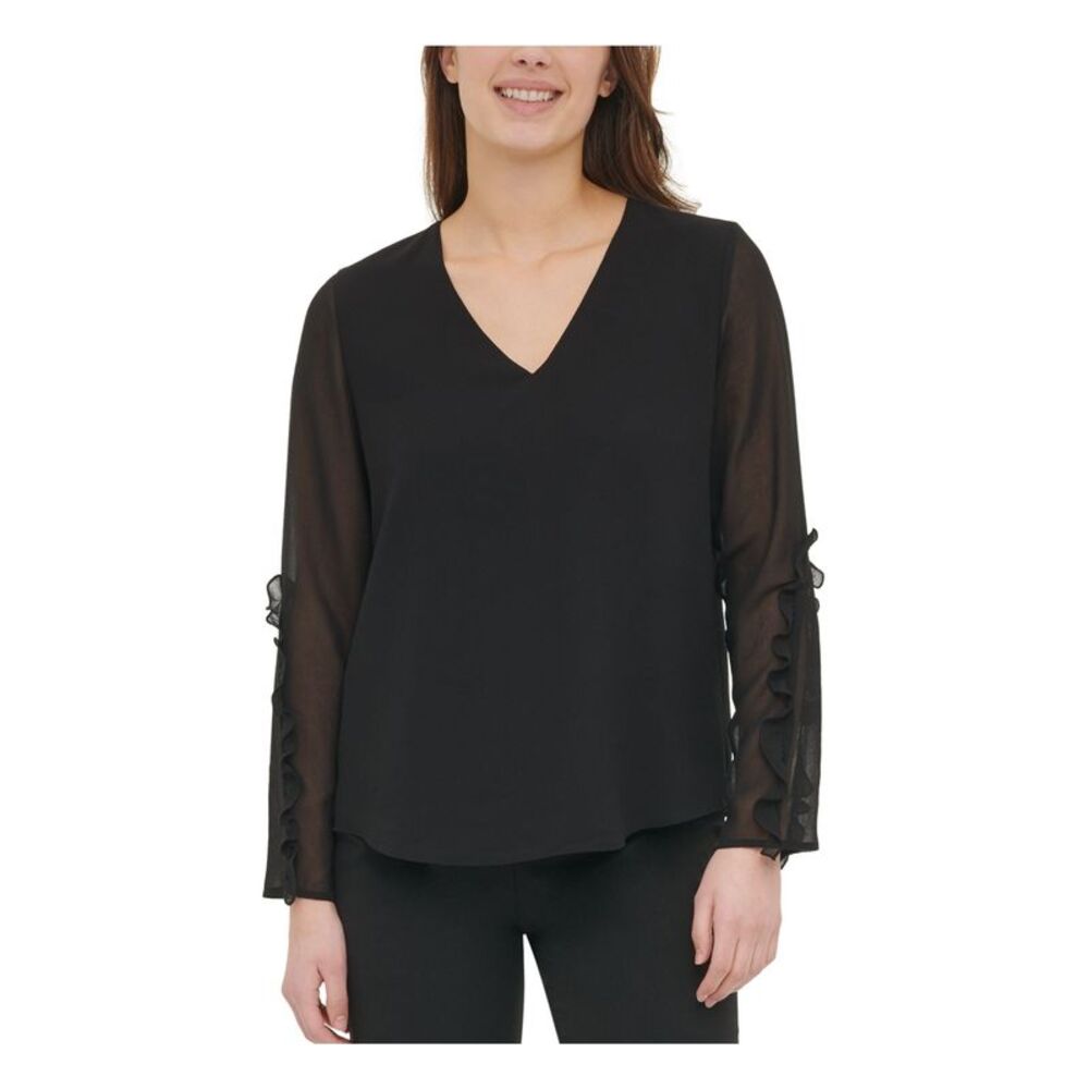 CALVIN KLEIN Womens Ruffled Sleeves Long Sleeve V Neck Wear To Work Blouse